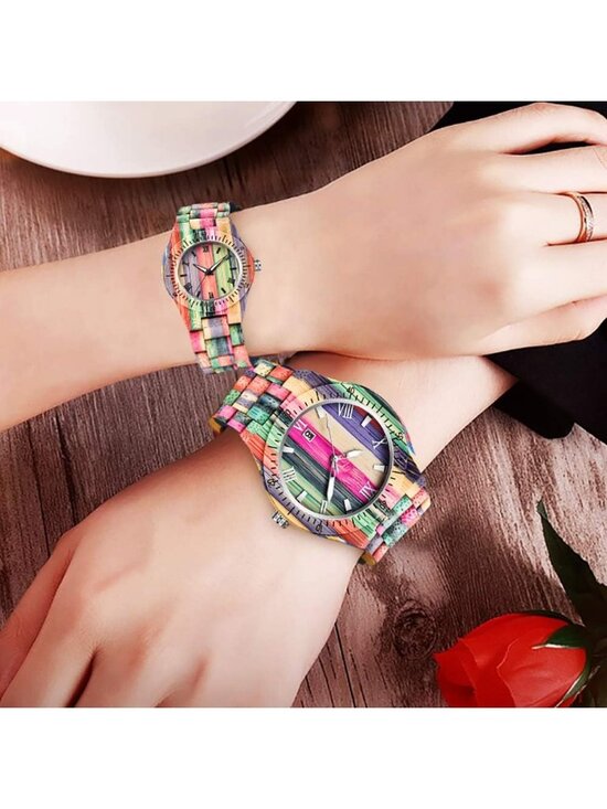 Women\'s Multi Colorful Analog Quartz Couples Bamboo Classic Design Wooden Watch